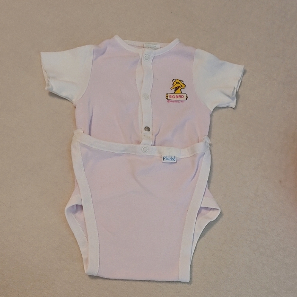 Vintage Light Pink and White Baby Onesie with Big Bird Patch, Muppets, Inc.